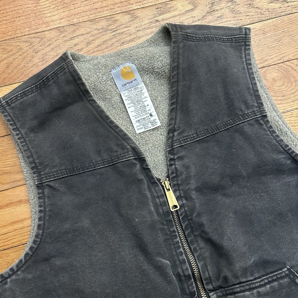 Vintage Carhartt Brown Canvas Sherpa Fleece Lined Full Zip Vest Medium - Picture 2 of 5